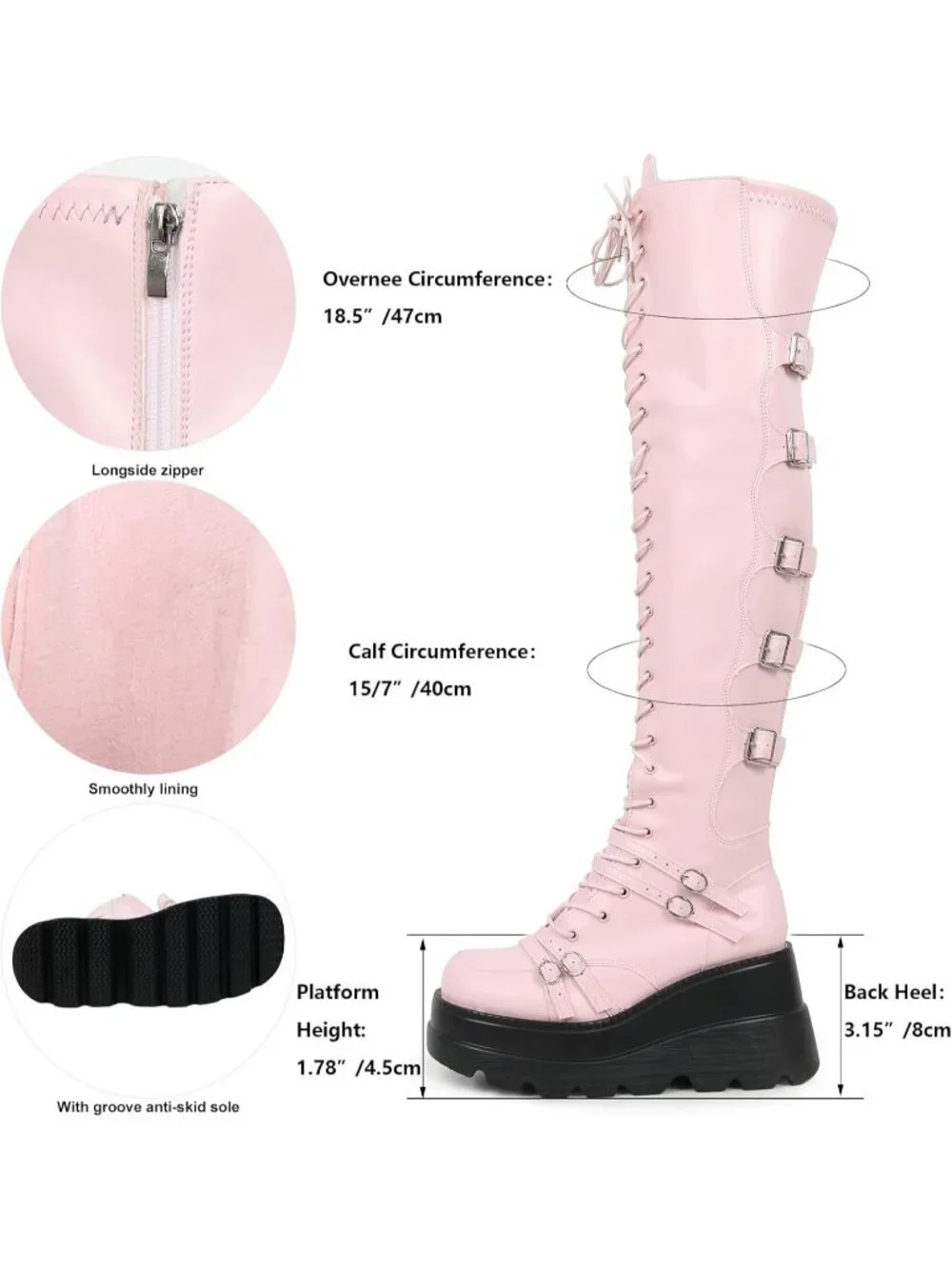 🆕Women's Light Pink Over Knee Thigh High Boot Buckle Side ZIP Chunky Heel Shoes